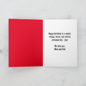 レッドスーパーヒーロー漫画バブルボーイフォト誕生日 カード (内部)