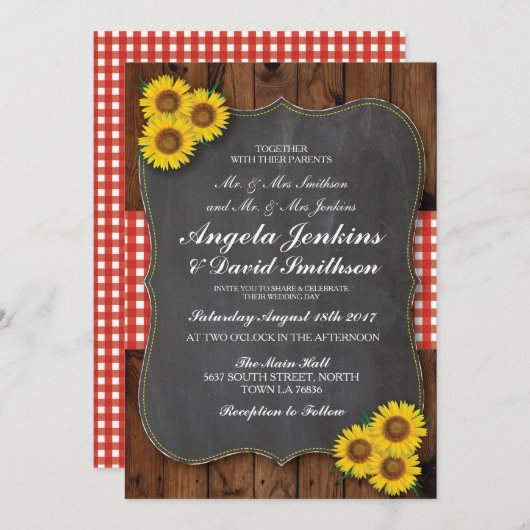 レッドズ結婚ンフラワー素朴ウッドチョーク招待状 招待状 (正面/裏面)