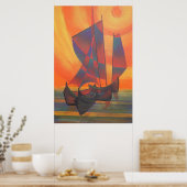 レッドセイルズインザサンセットキュービストジャンク抽象芸術 ポスター (キッチン)