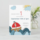 レッドセイルズ・ファースト付きかわいいボート誕生日 招待状 (スタンド正面)