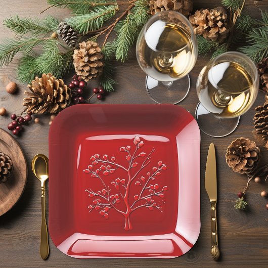 レッドセラミックルックアップルツリー ペーパープレート