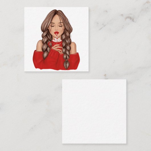 レッドセーターで冬にホットチョコレートを飲む スクエア名刺 (正面/裏面)