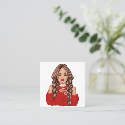 レッドセーターで冬にホットチョコレートを飲む スクエア名刺 (スタンド正面)