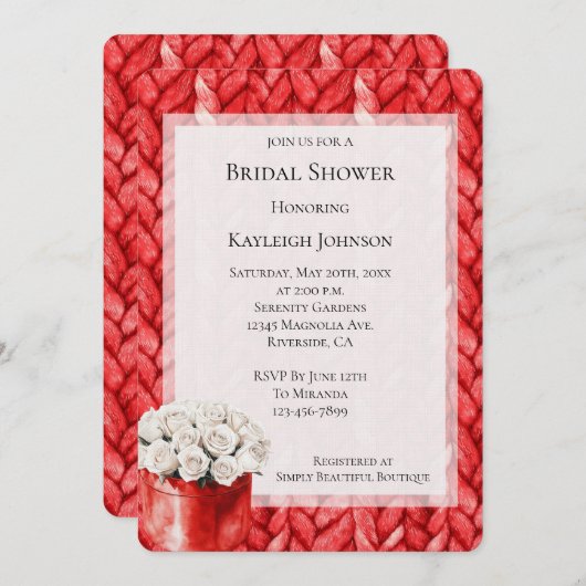 レッドセーターホワイトローズブライダルシャワー 招待状 (正面/裏面)