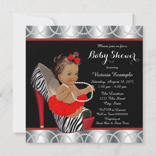 レッドゼブラパールハイヒールシューエスニック赤ちゃんシャワー 招待状 (正面)