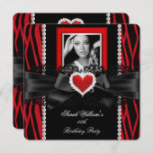 レッドゼブラレースダイヤモンドハート写真バースデーパーティー 招待状 (正面/裏面)