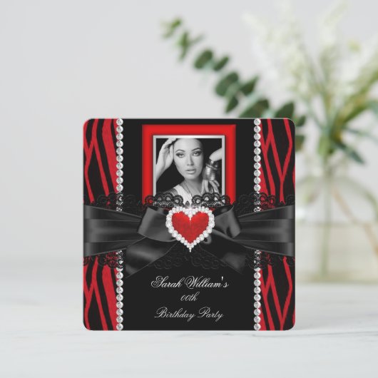 レッドゼブラレースダイヤモンドハート写真バースデーパーティー 招待状 (スタンド正面)