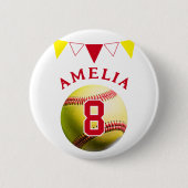 レッドソフトボールのバンティングフラグ子供の誕生日 缶バッジ (正面)