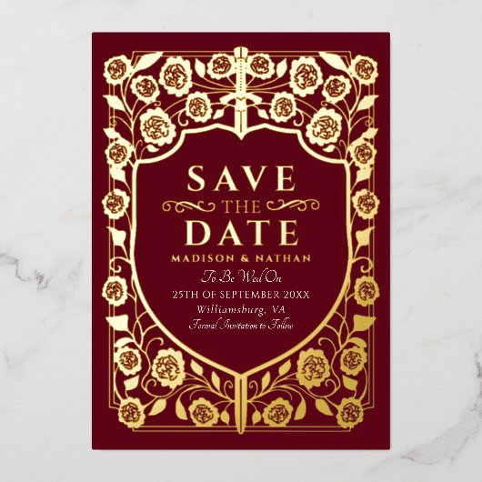 レッドソードシールド中世モノグラム日付を保存 箔招待状 (正面)