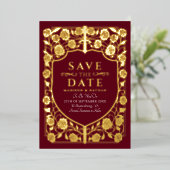 レッドソードシールド中世モノグラム日付を保存 箔招待状 (立ち正面)