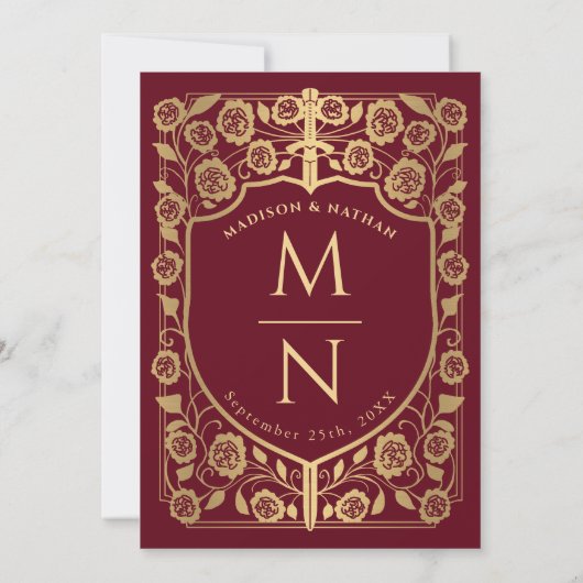 レッドソードシールド中世モノグラム結婚ズ 招待状 (裏面)