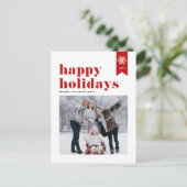レッドタイポグラフィスノーフレークHappy Holidays写真 シーズンポストカード (スタンド正面)
