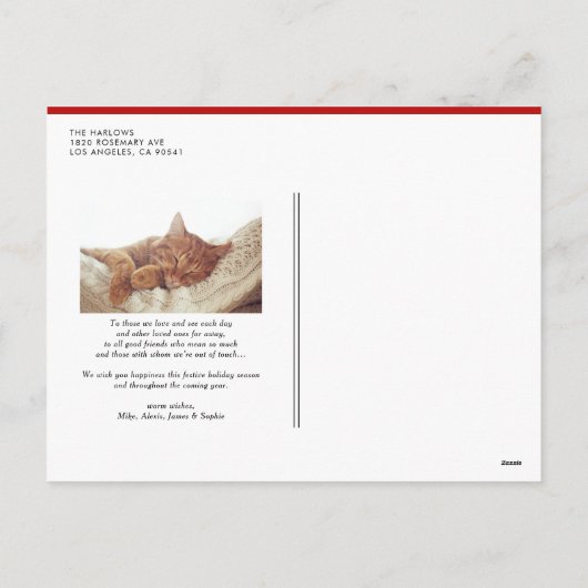 レッドタイポグラフィスノーフレークHappy Holidays写真 シーズンポストカード (裏面)