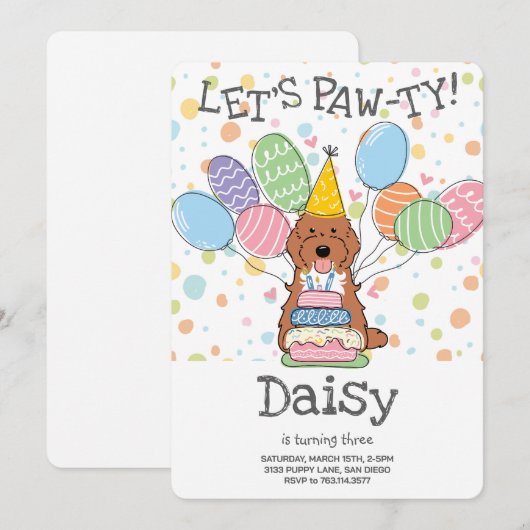 レッドタキシードコッカプー/キャバプーの犬の誕生日パーティー 招待状 (正面/裏面)