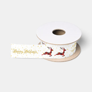 レッドタターンチェック柄のトナカイ 白いサテンのクリスマス包装紙 サテンリボン