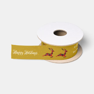 レッドタターンチェック柄トナカイ ゴールドサテンクリスマス包装紙 サテンリボン