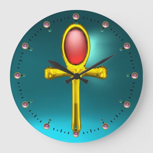 レッドタリスマン、ルビージェムストーンズ、ターコイズブルー ラージ壁時計 (正面)