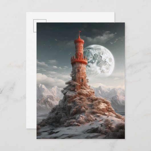 レッドタワーフルムーンランドスケープファンタジーアート ポストカード (正面/裏面)