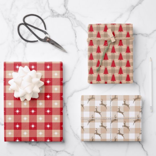 レッドタンカントリープレイドツリーズクリスマスホリデー ラッピングペーパーシート (正面)