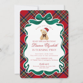 レッドタータンチェックのクリスマスくまの誕生日 招待状