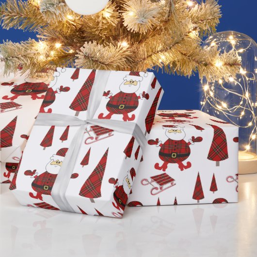 レッドタータンチェックファッションサンタパターン ラッピングペーパー (クリスマス)