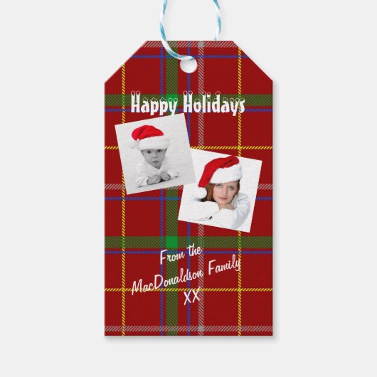 レッドタータンチェックプレイドクリスマス休日の写真コラージュ ギフトタグ (正面)