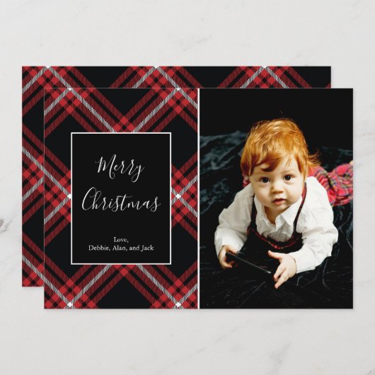 レッドタータンチェックプレイドクリスマス休暇用フォトカード シーズンカード (正面/裏面)