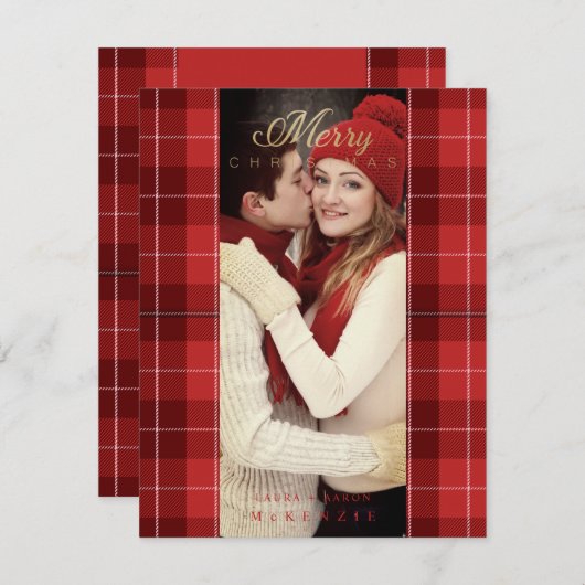 レッドタータンチェックプレイド最初のメリークリスマスフォト シーズンカード (正面/裏面)