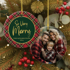 レッドタータンチェック ゴールドスクリプト クリスマス セラミックオーナメント