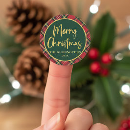レッドタータンチェック ゴールド手書き風 メリークリスマス ラウンドシール