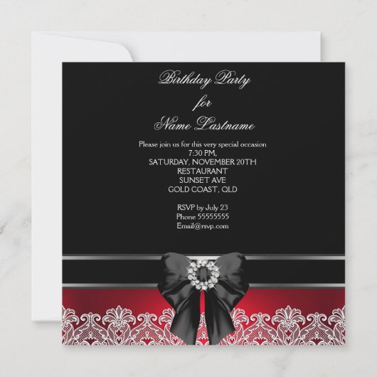 レッドダイアモンズレースイメージバースデーパーティブラック 招待状 (裏面)