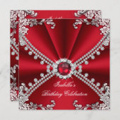 レッドダイヤフェイクモンド宝石フローラ誕生日パーティー 招待状 (正面/裏面)