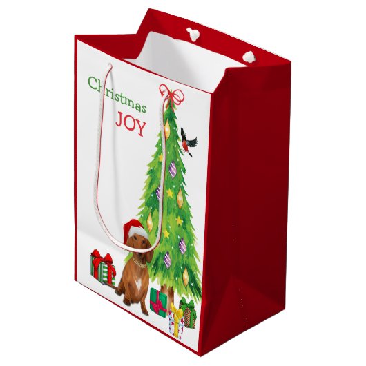 レッドダシュント犬サンタハットとクリスマスツリー ミディアムペーパーバッグ (正面アングル)