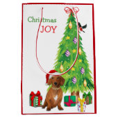レッドダシュント犬サンタハットとクリスマスツリー ミディアムペーパーバッグ (正面)