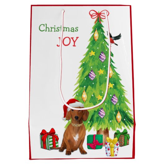 レッドダシュント犬サンタハットとクリスマスツリー ミディアムペーパーバッグ (裏面)