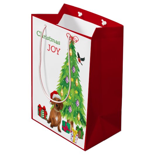レッドダシュント犬サンタハットとクリスマスツリー ミディアムペーパーバッグ (裏面アングル)