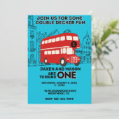 レッドダブルデッカーツインズ1st誕生日招待状 招待状 (スタンド正面)