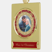 レッドダブルフレームスノーフレーク初めてのクリスマス ゴールドプレートバナーオーナメント (左)