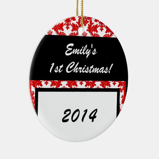 レッドダマスククリムゾンレースパーソナライズされたネームオーナメント セラミックオーナメント (右)