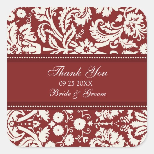 レッドダマスクサンキューユー結婚式の引き出物ラベル スクエアシール (正面)