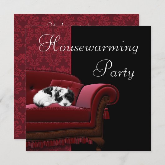 レッドダマスクソファ引っ越し祝いパーティーパーティの招待状 招待状 (正面/裏面)