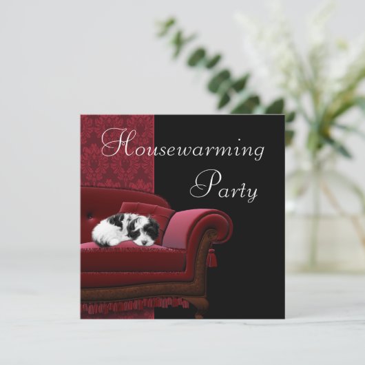 レッドダマスクソファ引っ越し祝いパーティーパーティの招待状 招待状 (スタンド正面)