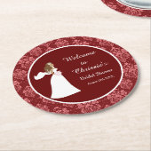 レッドダマスクブライドブライダルシャワー ラウンドペーパーコースター (アングル)