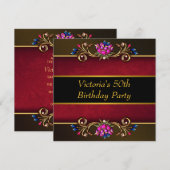 レッドダマスクブラック金ゴールド女性50thバースデーパーティー 招待状 (正面/裏面)