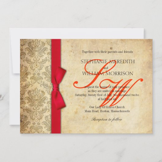 レッドダマスクヴィンテージボウ結婚式招待状 招待状 (正面)