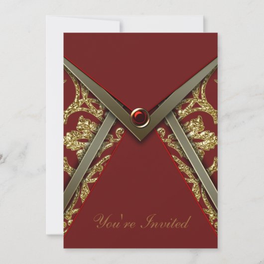 レッドダマスク金ゴールドパーティの招待状テンプレート 招待状 (正面)
