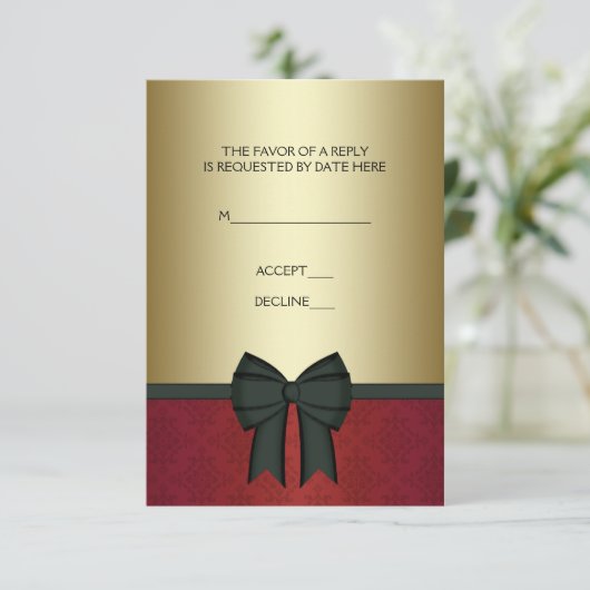 レッドダマスク金ゴールドブラックタイ企業のパーティーRSVP 出欠カード (スタンド正面)