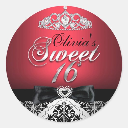 レッドダマスク&ボウSweet sixteenシール ラウンドシール (正面)