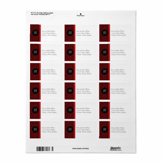 レッドダマスク&レッドボウモノグラム – 住所 シール (フルシート)