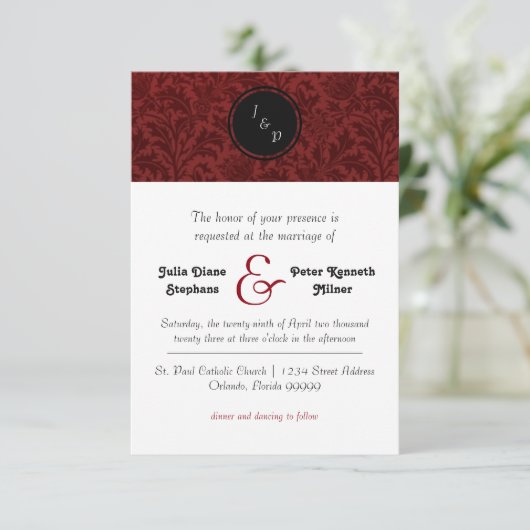 レッドダマスク – 3x5結婚式招待状 招待状 (スタンド正面)